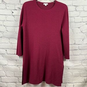 J. Jill Side Slit Wool Blend Tunic Sweater 3/4 Sleeves Longer Length Burgundy M
